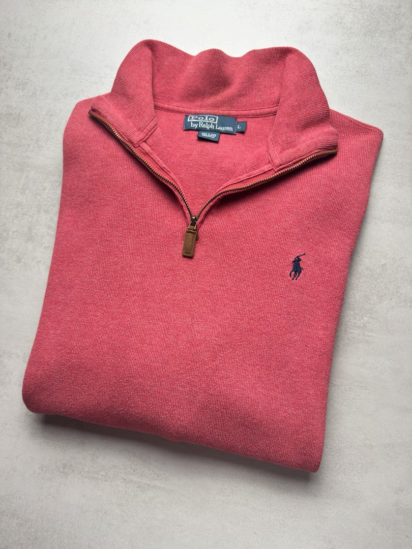 Pull rose col zippé Ralph Lauren 1/4 zip camionneur col roulé old money brodé homme S90