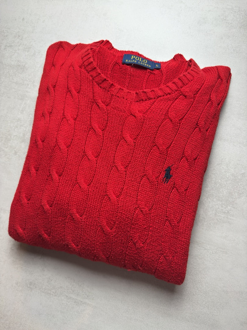 Pull homme L en maille torsadé Ralph Lauren rouge taille L S97