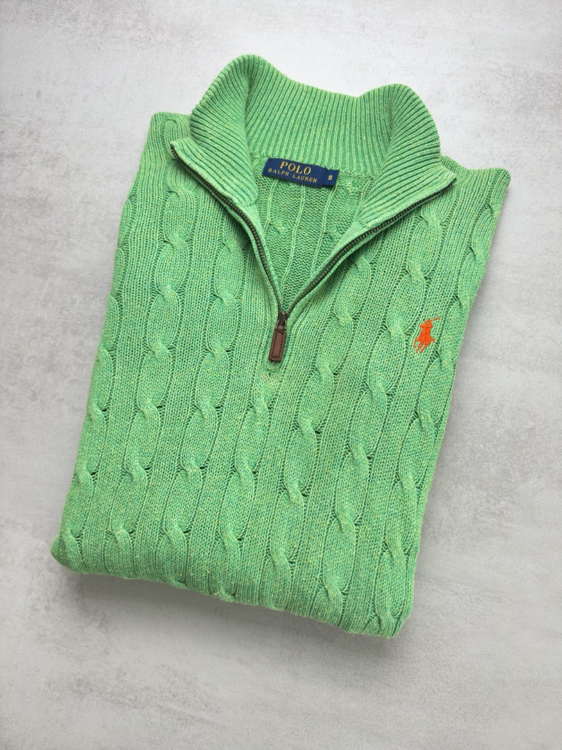 Pull combo torsadé en maille vert menthe col zippé Ralph Lauren 1/4 zip camionneur col roulé homme S M5