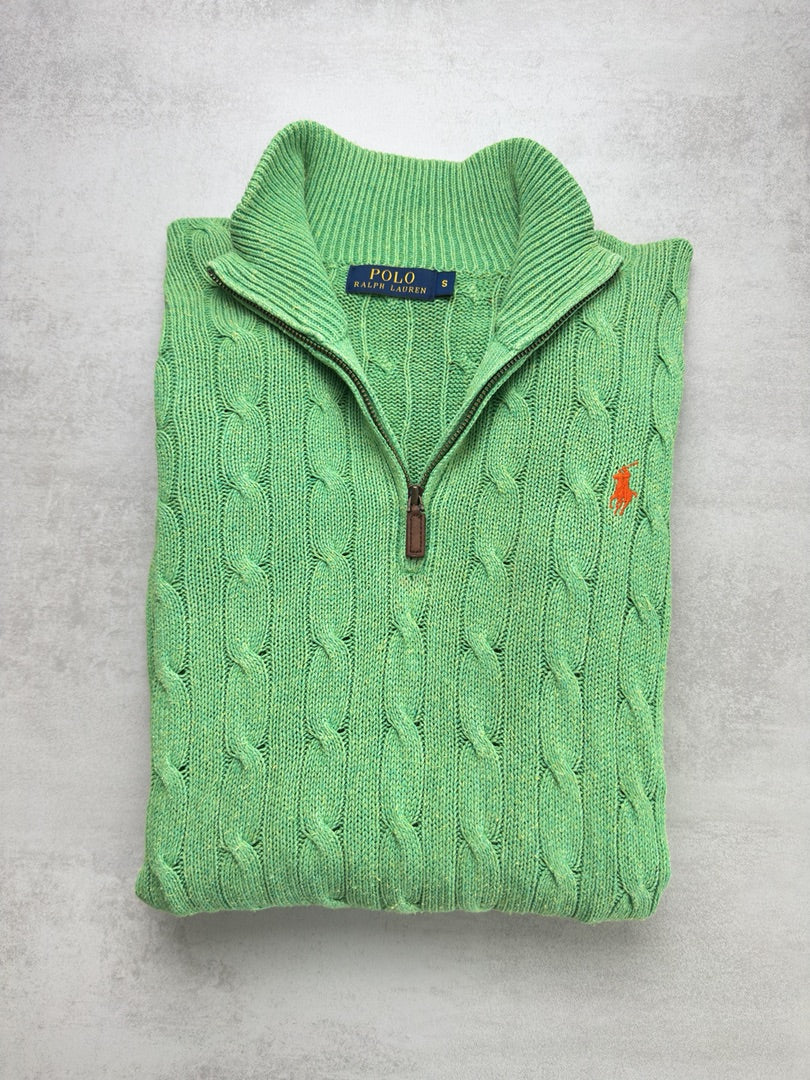 Pull combo torsadé en maille vert menthe col zippé Ralph Lauren 1/4 zip camionneur col roulé homme S M5