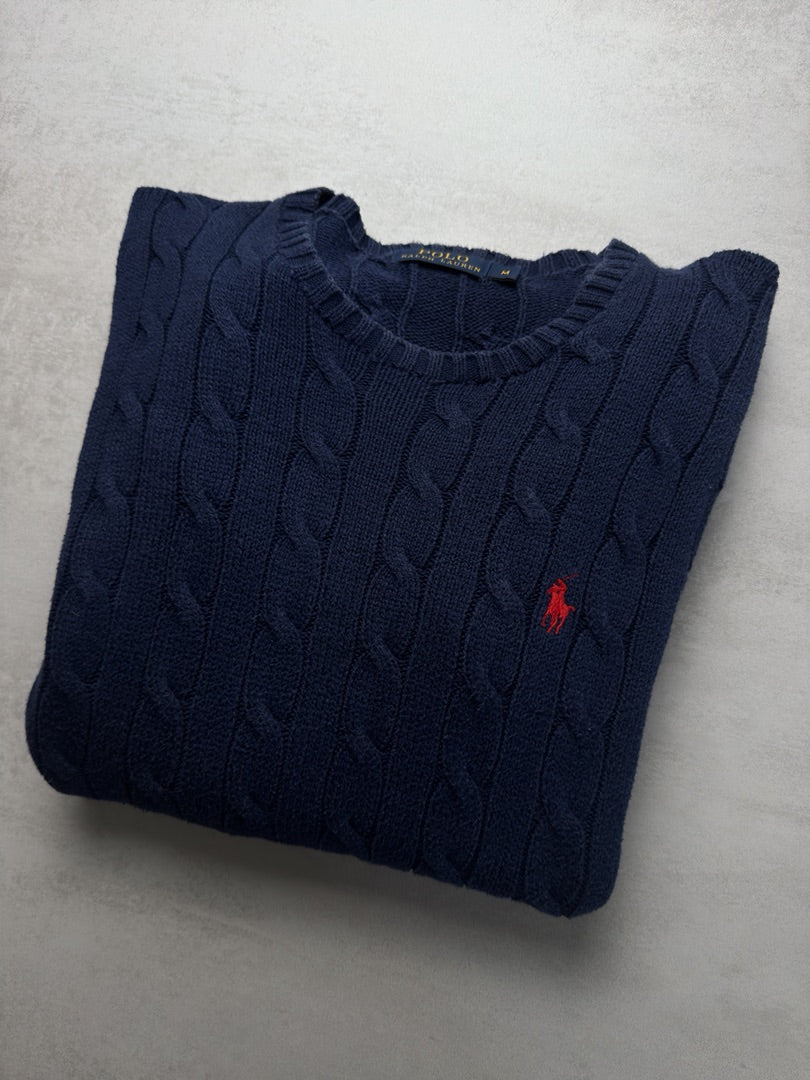 Pull torsadé bleu marine col rond Ralph Lauren M homme M53