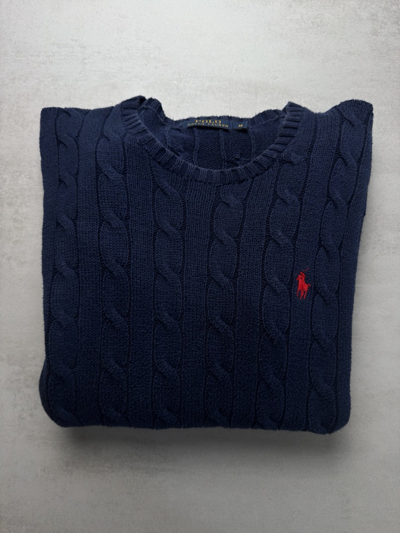 Pull torsadé bleu marine col rond Ralph Lauren M homme M53