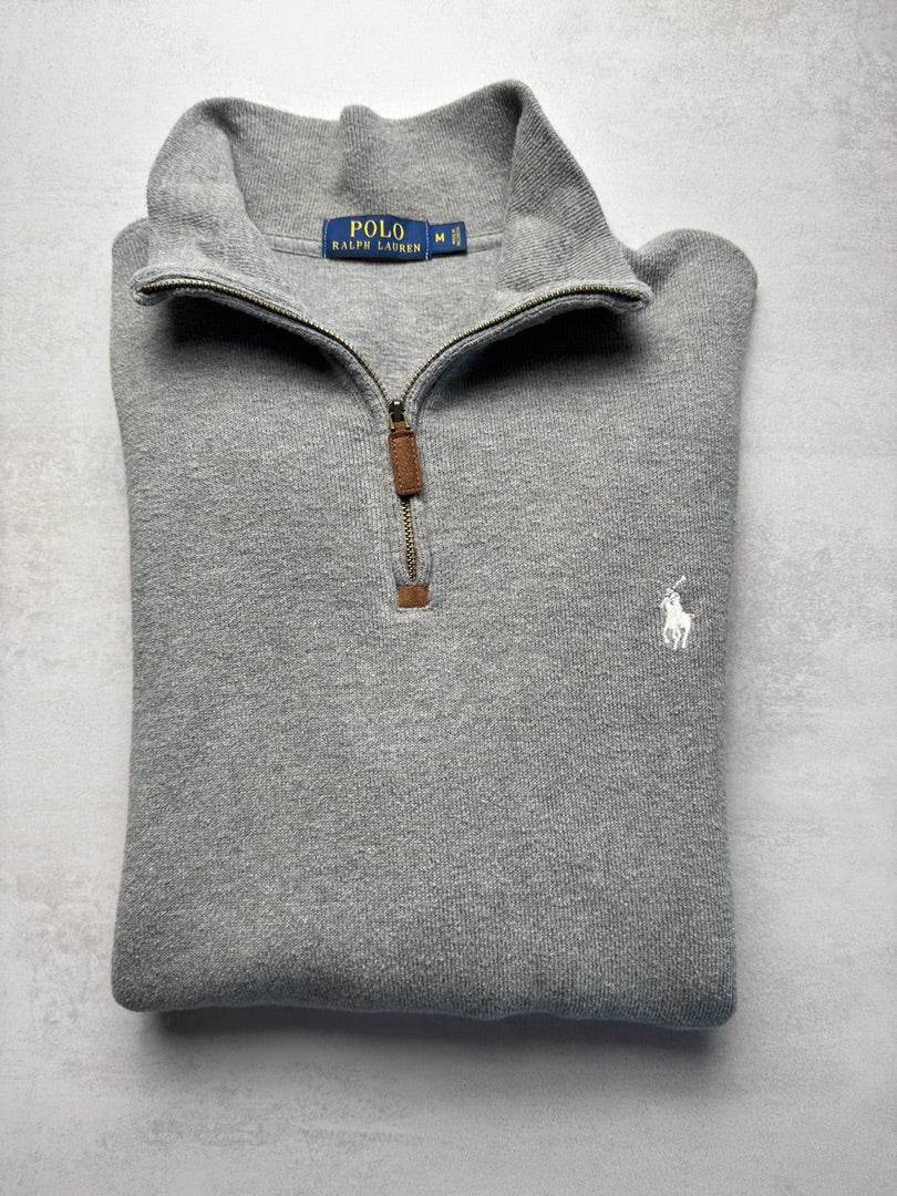 Pull gris clair col zippé Ralph Lauren 1/4 zip camionneur col roulé gris M homme M72