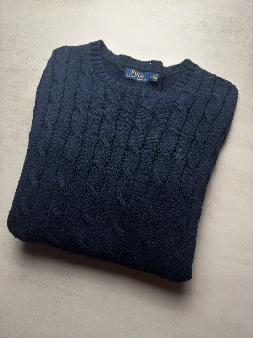 Pull bleu marine col rond Ralph Lauren en maille torsadé bleu marine taille M homme M73