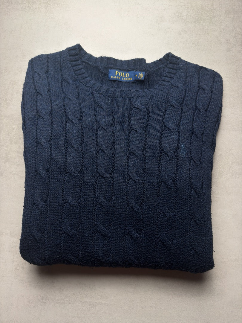 Pull bleu marine col rond Ralph Lauren en maille torsadé bleu marine taille M homme M73