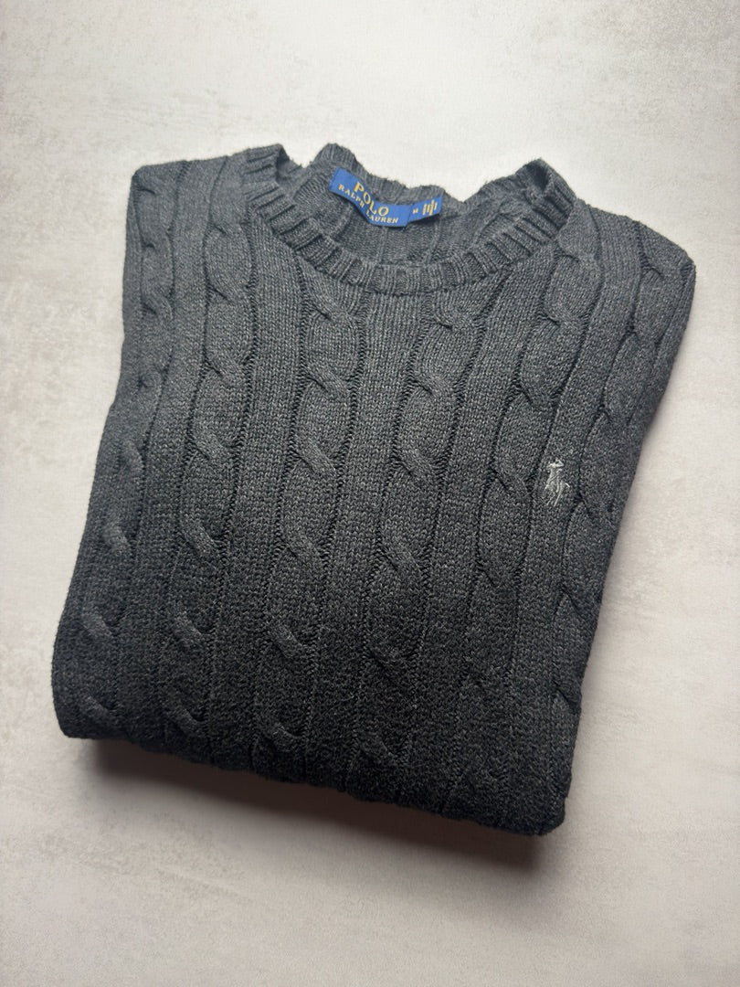 Pull torsadé en maille gris homme M old money brodé Ralph Lauren M74
