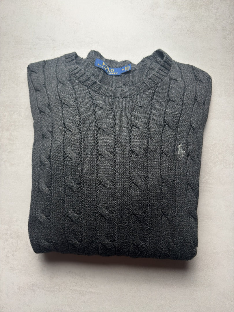 Pull torsadé en maille gris homme M old money brodé Ralph Lauren M74