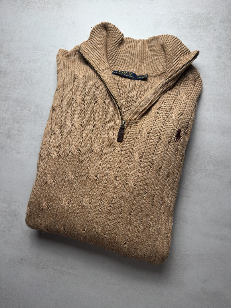 Pull combo nen soie torsadé en maille col zippé Ralph Lauren 1/4 zip col roulé beige camel homme S M95