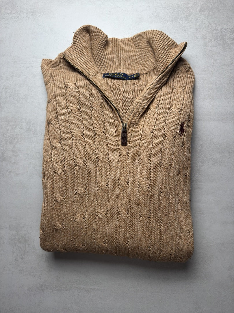 Pull combo nen soie torsadé en maille col zippé Ralph Lauren 1/4 zip col roulé beige camel homme S M95