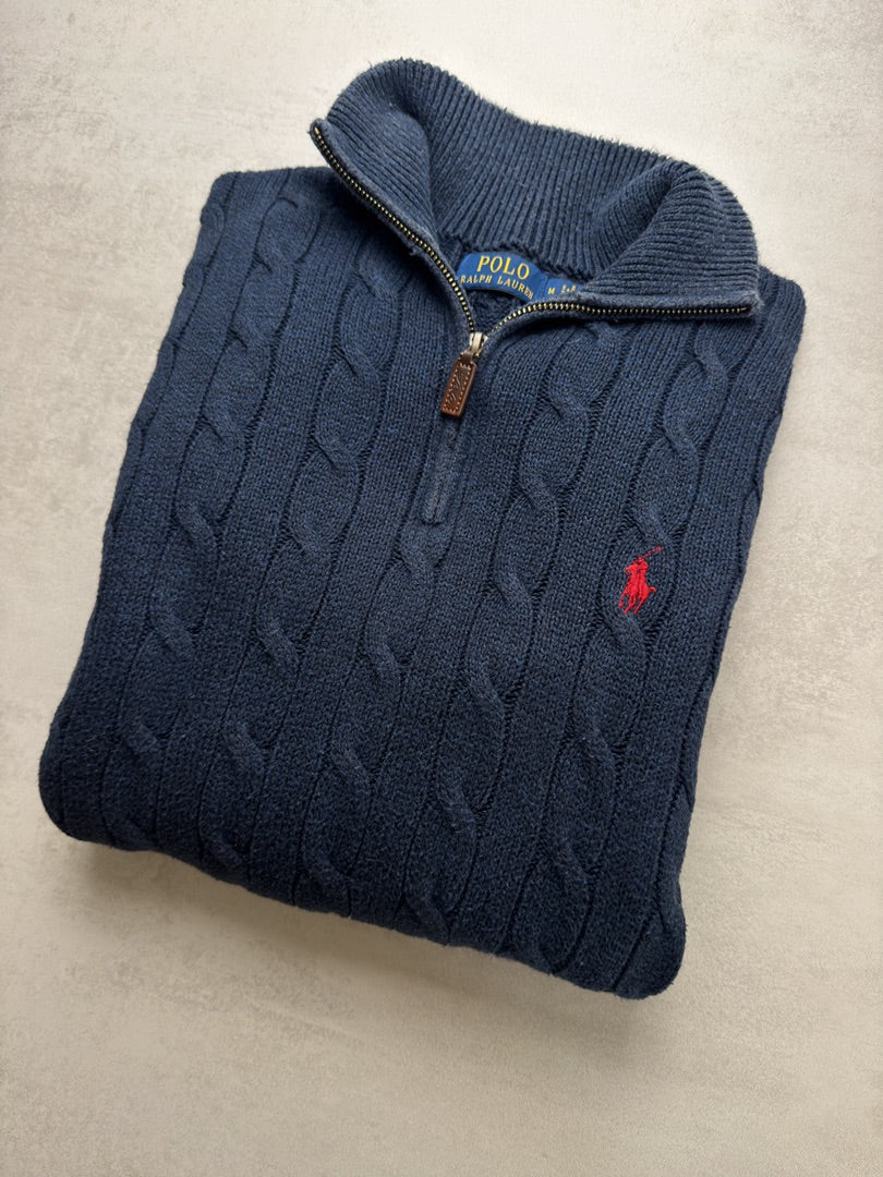 Pull combo torsadé en maille bleu marine col zippé Ralph Lauren 1/4 zip camionneur col roulé homme M118