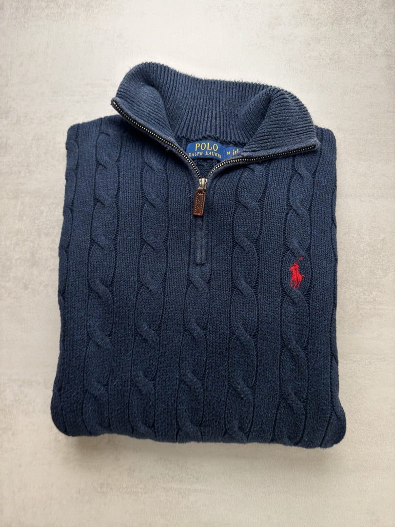 Pull combo torsadé en maille bleu marine col zippé Ralph Lauren 1/4 zip camionneur col roulé homme M118