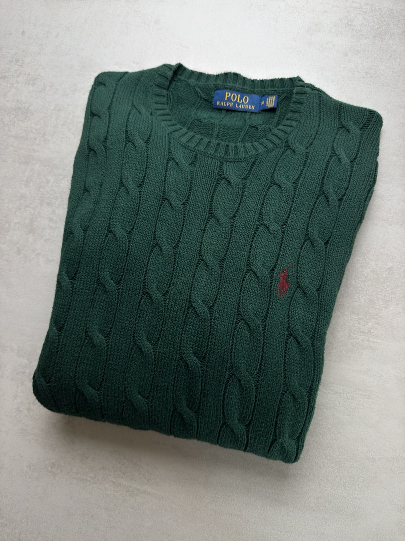 Pull col rond Ralph Lauren vert kaki torsadé en maille homme taille M M134