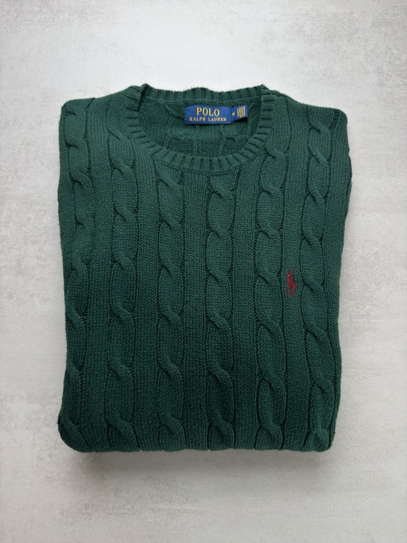 Pull col rond Ralph Lauren vert kaki torsadé en maille homme taille M M134
