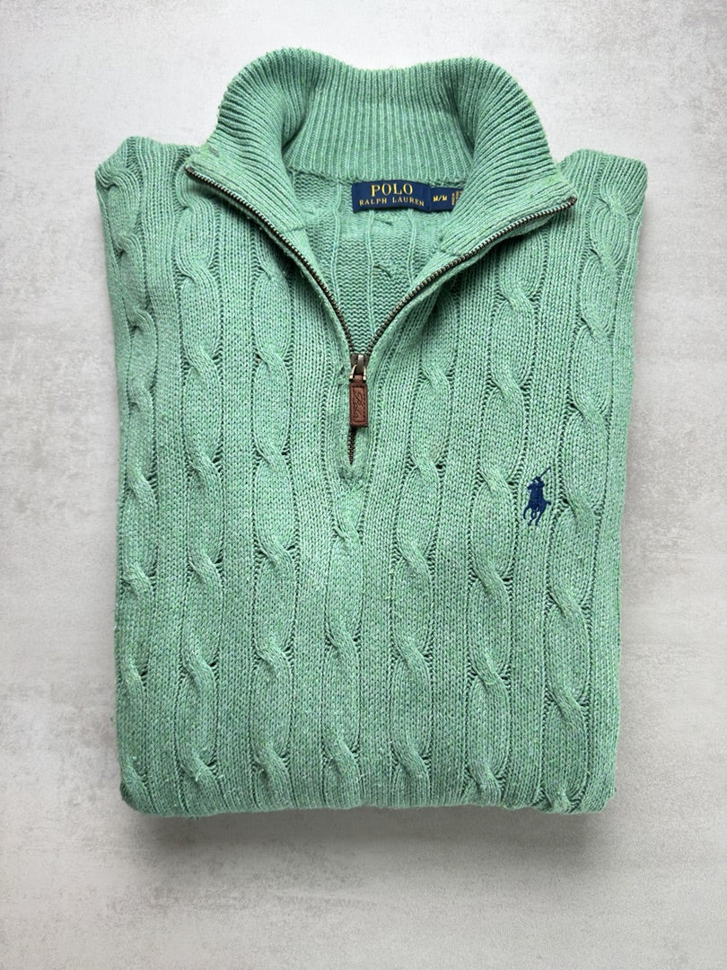 Pull combo en soie torsadé en maille col zippé Ralph Lauren 1/4 zip camionneur col roulé M homme M136