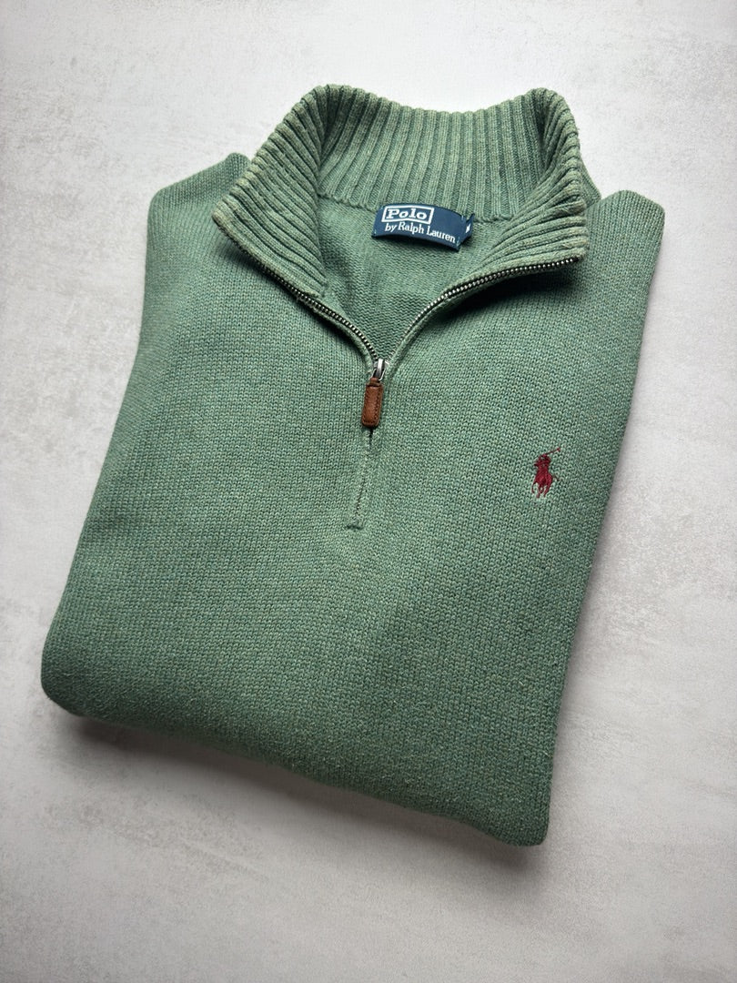 Pull vert kaki homme Mcol zippé Ralph Lauren 1/4 zip camionneur col roulé old money brodé homme M146