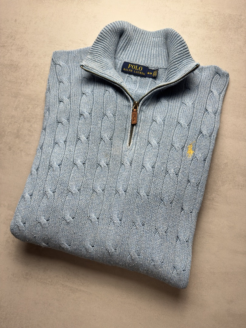 Pull combo torsadé 1/4 zip bleu clair col zippé Ralph Lauren 1/4 zip camionneur col roulé homme M153