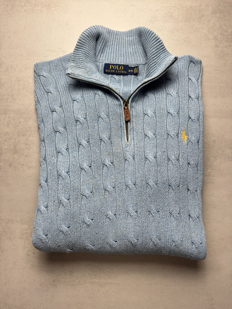 Pull combo torsadé 1/4 zip bleu clair col zippé Ralph Lauren 1/4 zip camionneur col roulé homme M153