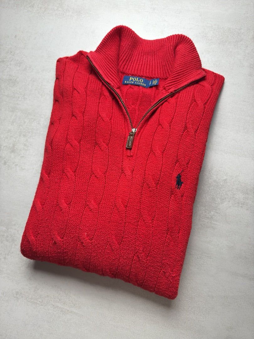 Pull rouge torsadé en maille col zippé Ralph Lauren 1/4 zip camionneur col roulé homme S M154