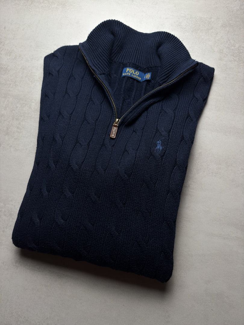 Pull combo homme M col zippé torsadé bleu marine Ralph Lauren 1/4 zip camionneur col roulé homme M171