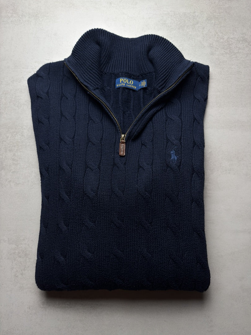 Pull combo homme M col zippé torsadé bleu marine Ralph Lauren 1/4 zip camionneur col roulé homme M171