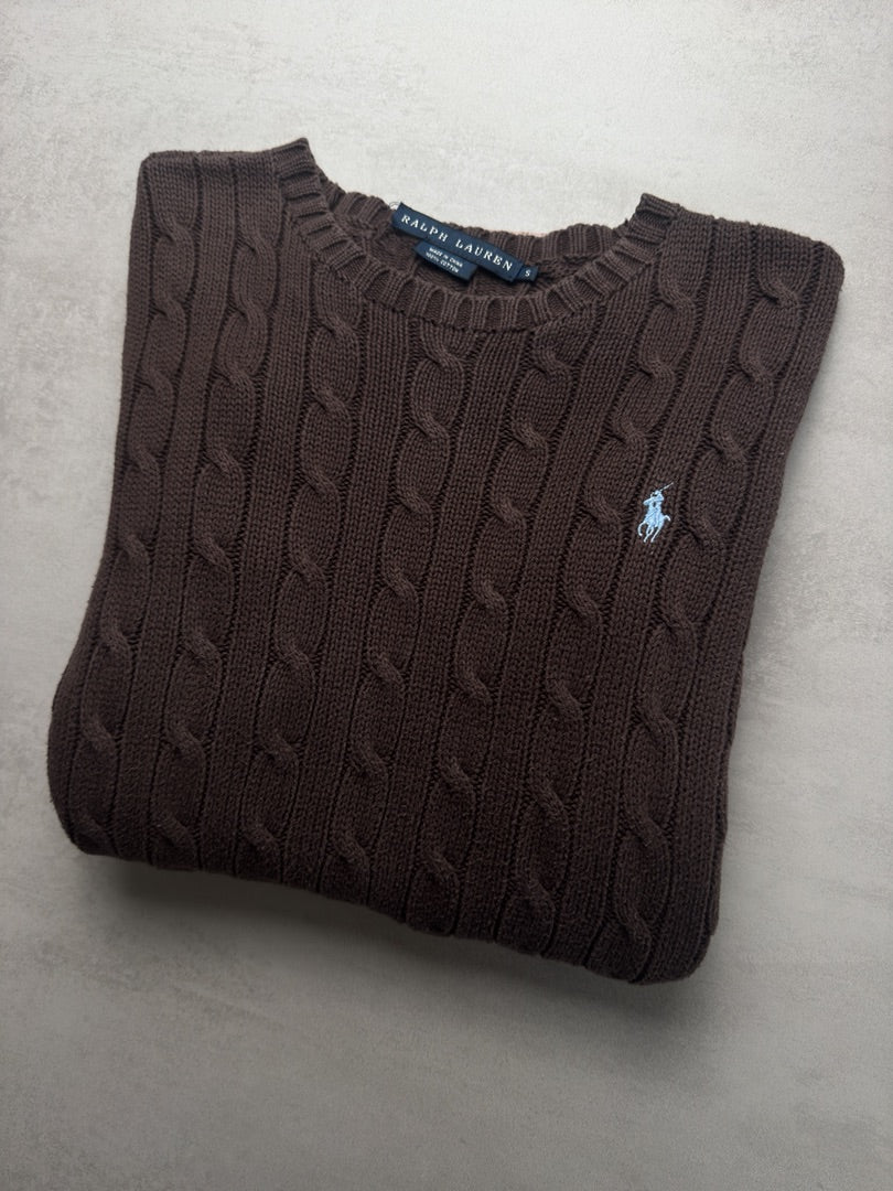 Pull marron torsadé en maille cable knit femme Ralph Lauren femme S W3