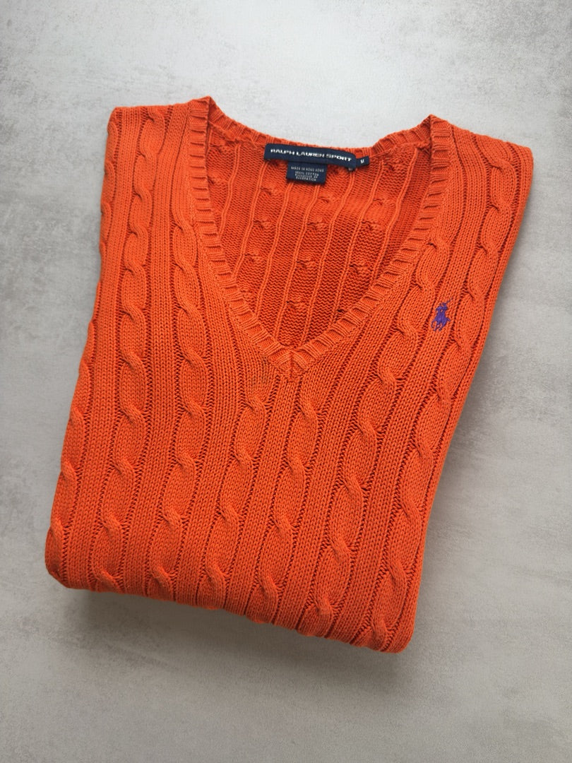 Pull femme S torsadé cable knit en maille Ralph Lauren Sport orange taille S W5