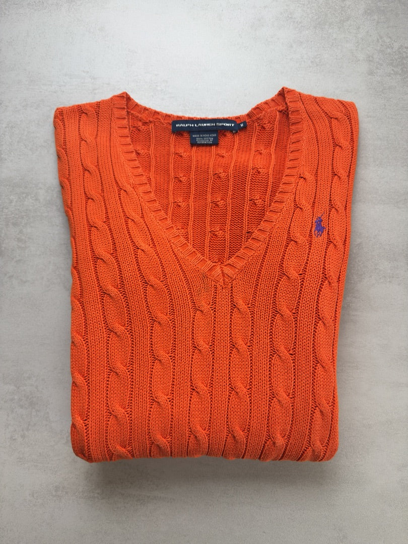 Pull femme S torsadé cable knit en maille Ralph Lauren Sport orange taille S W5