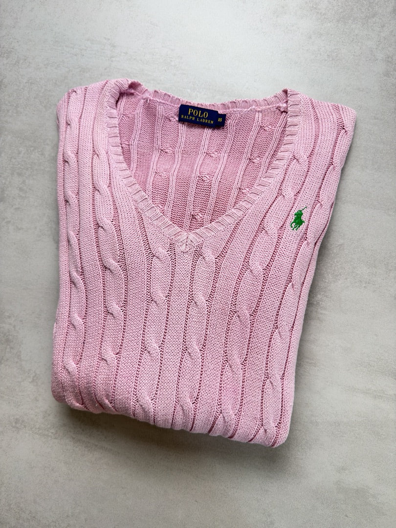 Pull rose clair torsadé en maille cable knit femme Polo Ralph Lauren femme col v Xs W132
