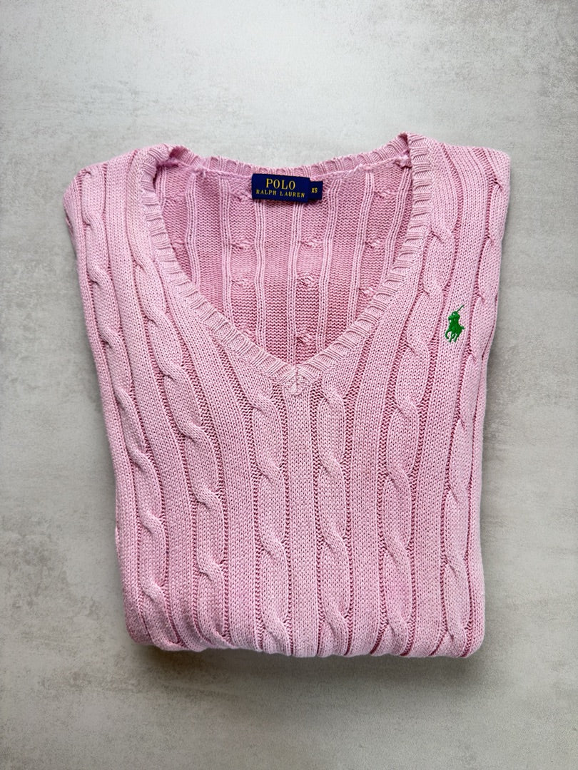 Pull rose clair torsadé en maille cable knit femme Polo Ralph Lauren femme col v Xs W132