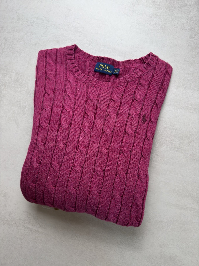 Pull rose torsadé en maille cable knit femme Polo Ralph Lauren taille S W142
