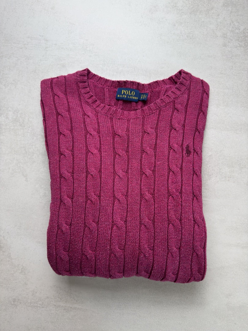 Pull rose torsadé en maille cable knit femme Polo Ralph Lauren taille S W142