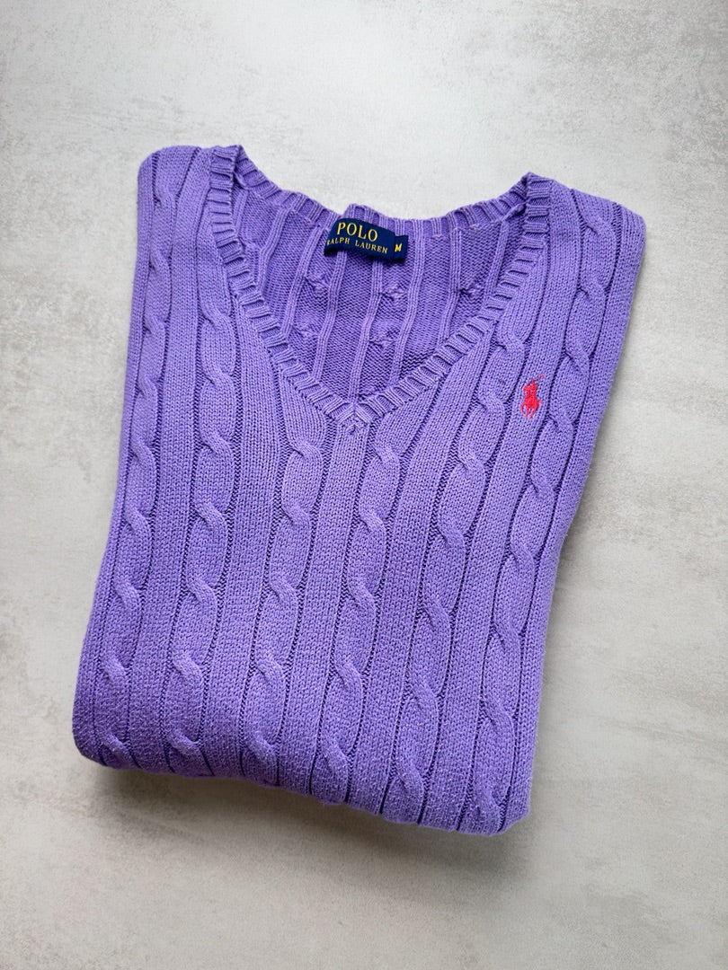 Pull violet femme M torsadé en maille cable knit col V femme Polo Ralph Lauren M W146