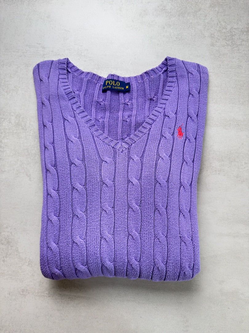 Pull violet femme M torsadé en maille cable knit col V femme Polo Ralph Lauren M W146