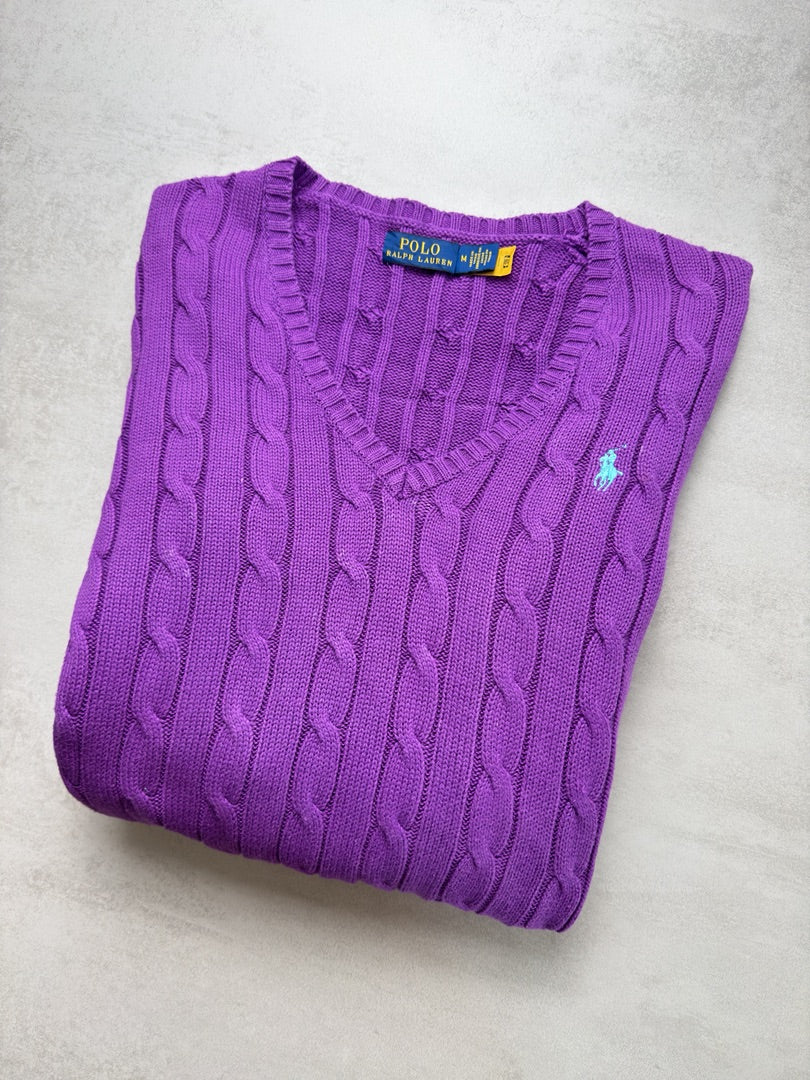 Pull Col V violet nouvelle collection torsadé en maille cable knit femme Polo Ralph Lauren M W149
