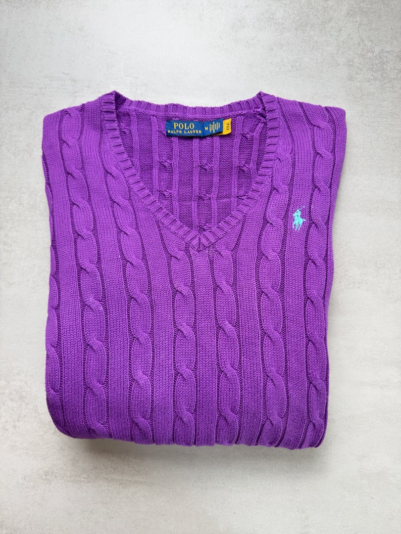 Pull Col V violet nouvelle collection torsadé en maille cable knit femme Polo Ralph Lauren M W149