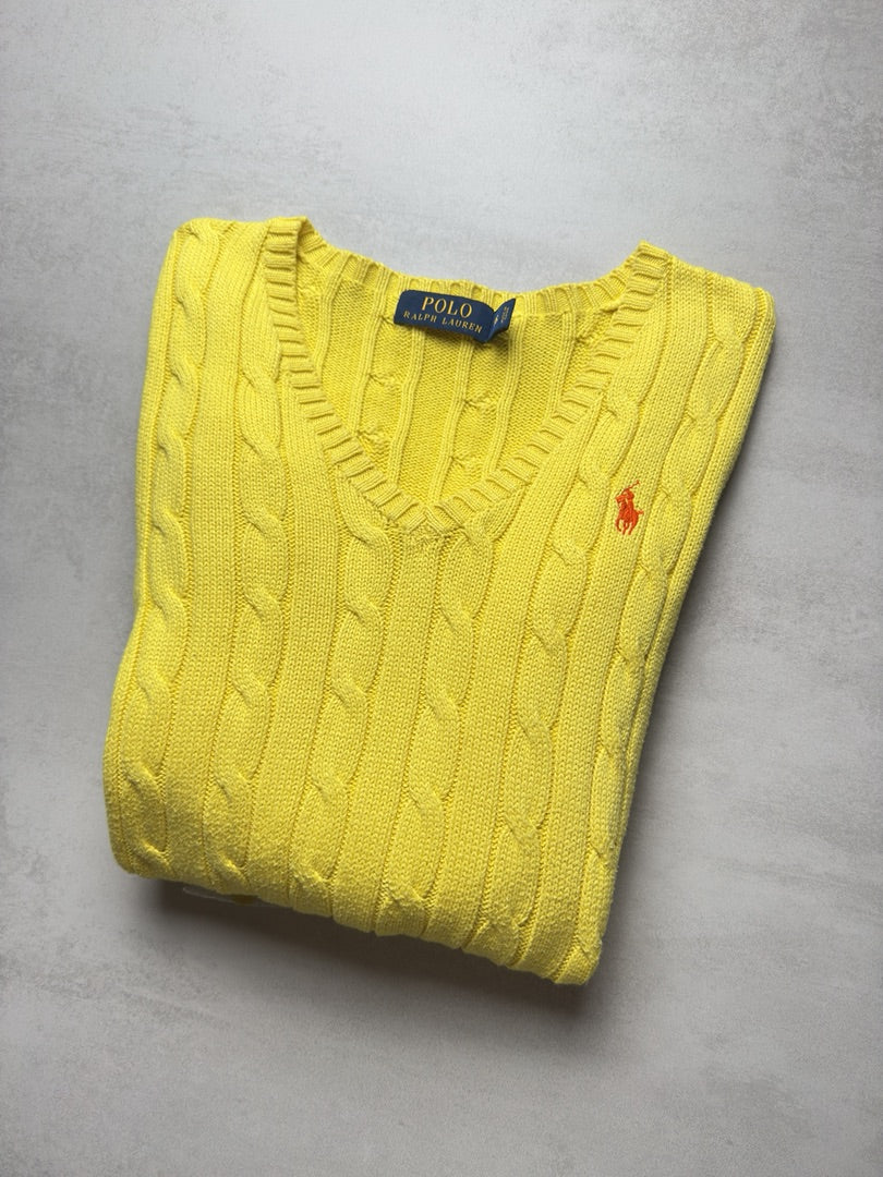 Pull femme col V jaune clair femme torsadé en maille cable knit femme Polo Ralph Lauren XS