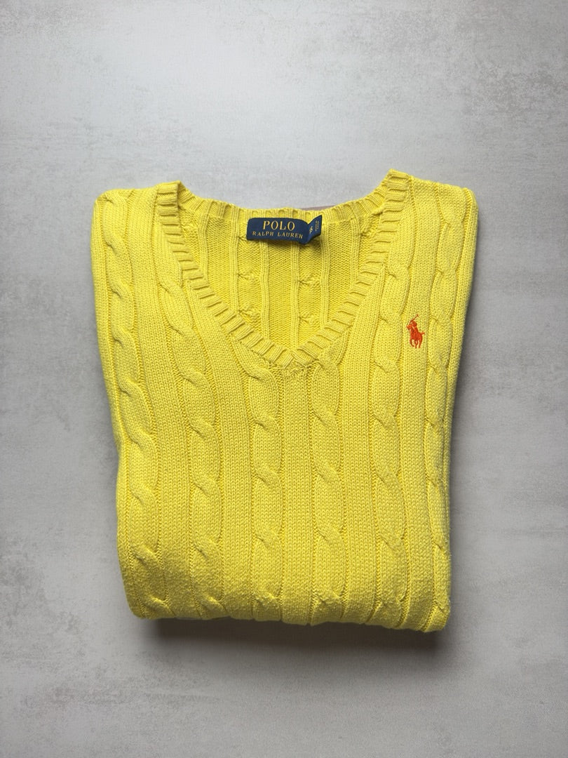 Pull femme col V jaune clair femme torsadé en maille cable knit femme Polo Ralph Lauren XS