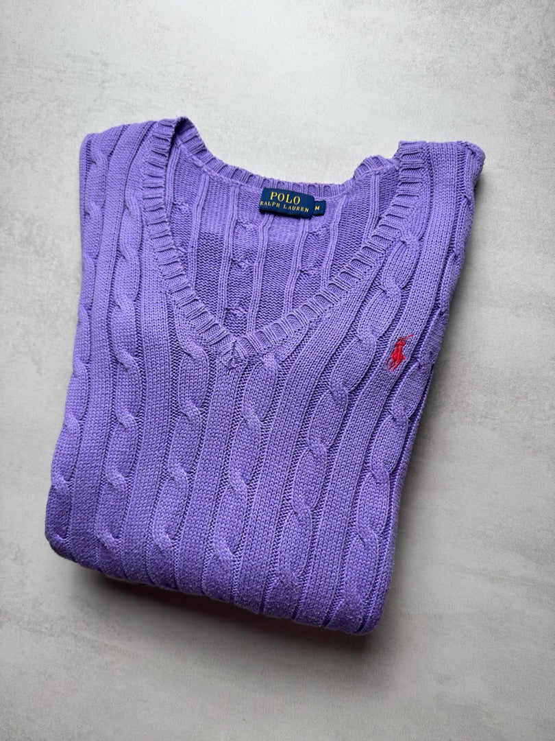 Pull violet lila col v torsadé en maille cable knit femme Polo Ralph Lauren M W153