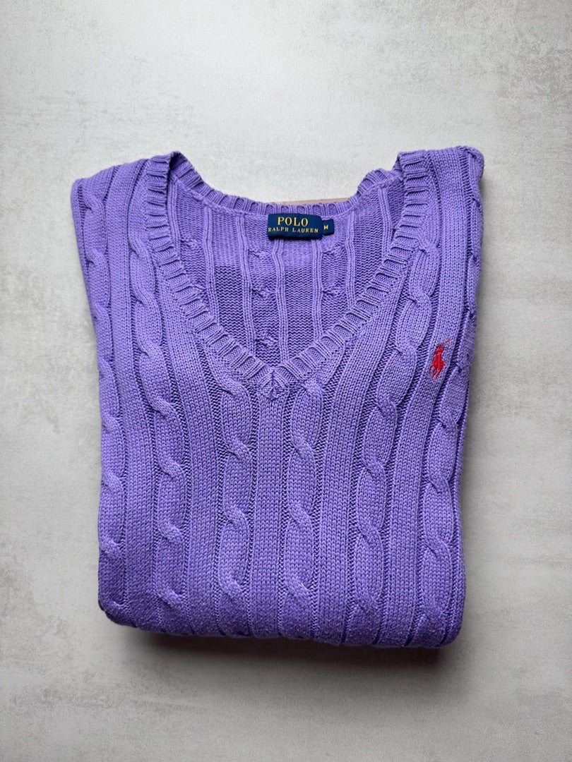 Pull violet lila col v torsadé en maille cable knit femme Polo Ralph Lauren M W153