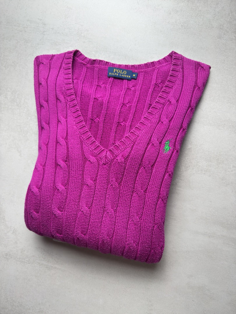 Pull col V femme M rose torsadé en maille cable knit femme Polo Ralph Lauren M W154