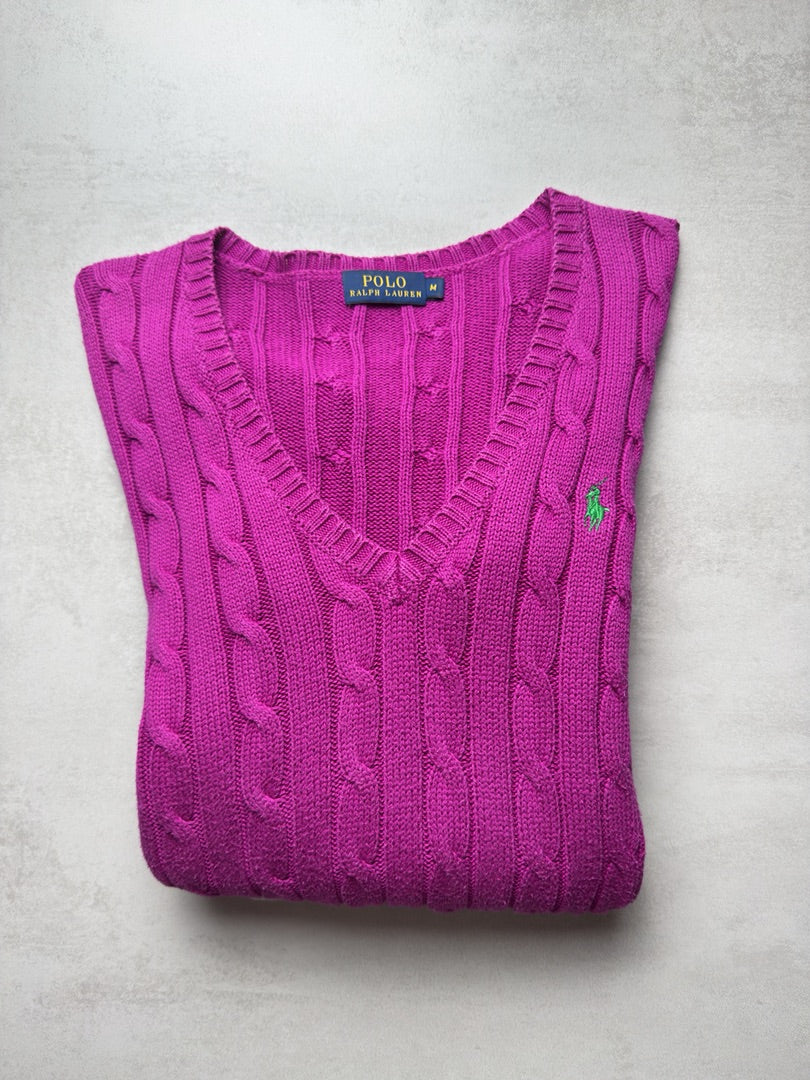 Pull col V femme M rose torsadé en maille cable knit femme Polo Ralph Lauren M W154