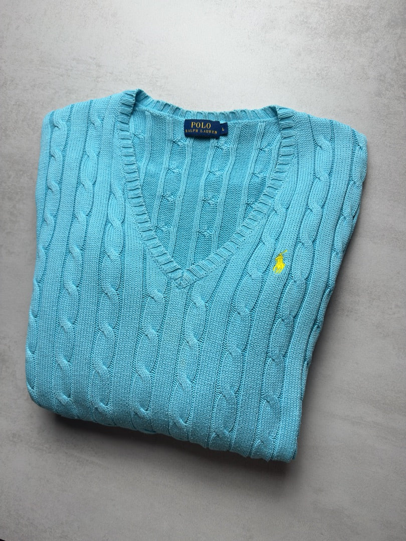 Pull col V bleu clair torsadé en maille cable knit femme Polo Ralph Lauren taille femme L W155