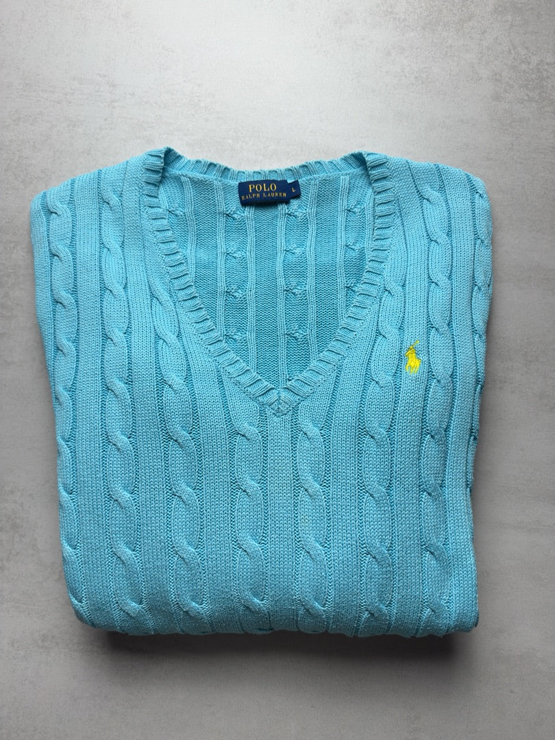 Pull col V bleu clair torsadé en maille cable knit femme Polo Ralph Lauren taille femme L W155