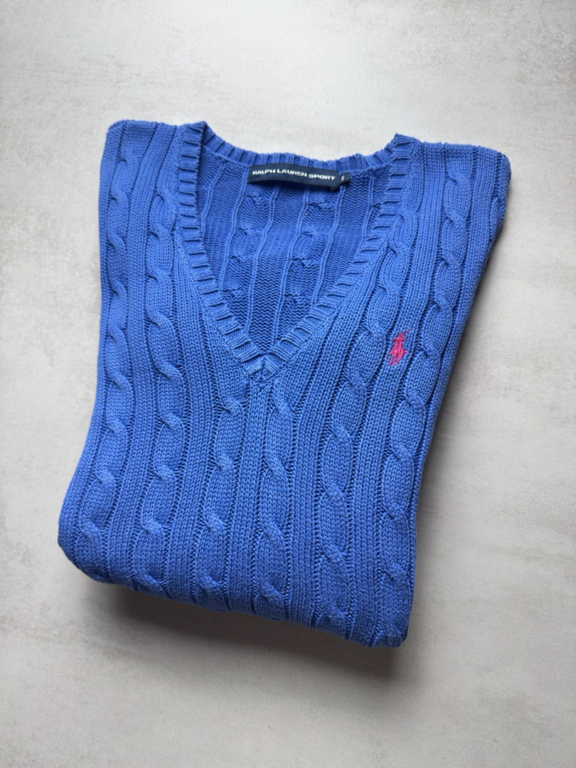 Pull col V bleu azur femme torsadé en maille Ralph Lauren Sport femme taille femme S W156