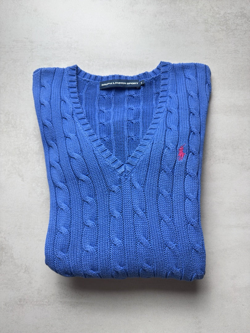 Pull col V bleu azur femme torsadé en maille Ralph Lauren Sport femme taille femme S W156