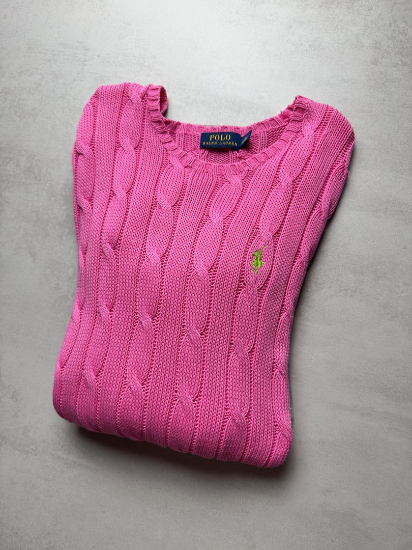Pull rose clair torsadé en maille cable knit femme Polo Ralph Lauren M W160