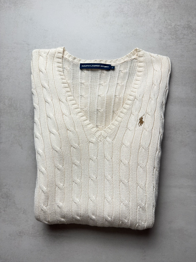 Pull col V blanc crème torsadé en maille cable knit femme Ralph Lauren Sport taille L W158