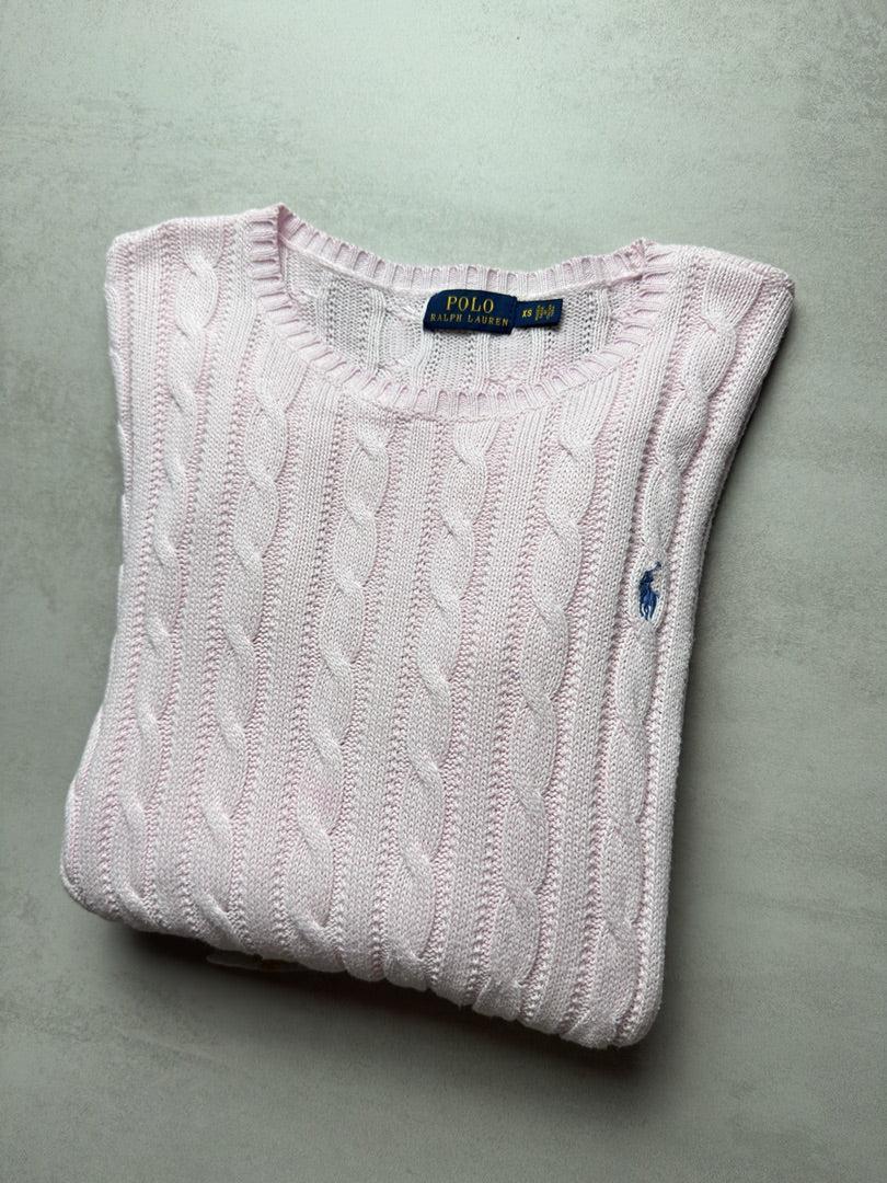 Pull rose clair brodé torsadé en maille cable knit femme Polo Ralph Lauren XS W161