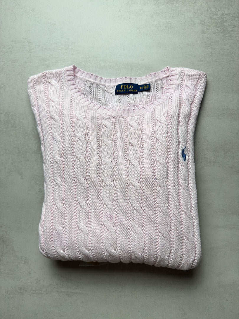 Pull rose clair brodé torsadé en maille cable knit femme Polo Ralph Lauren XS W161