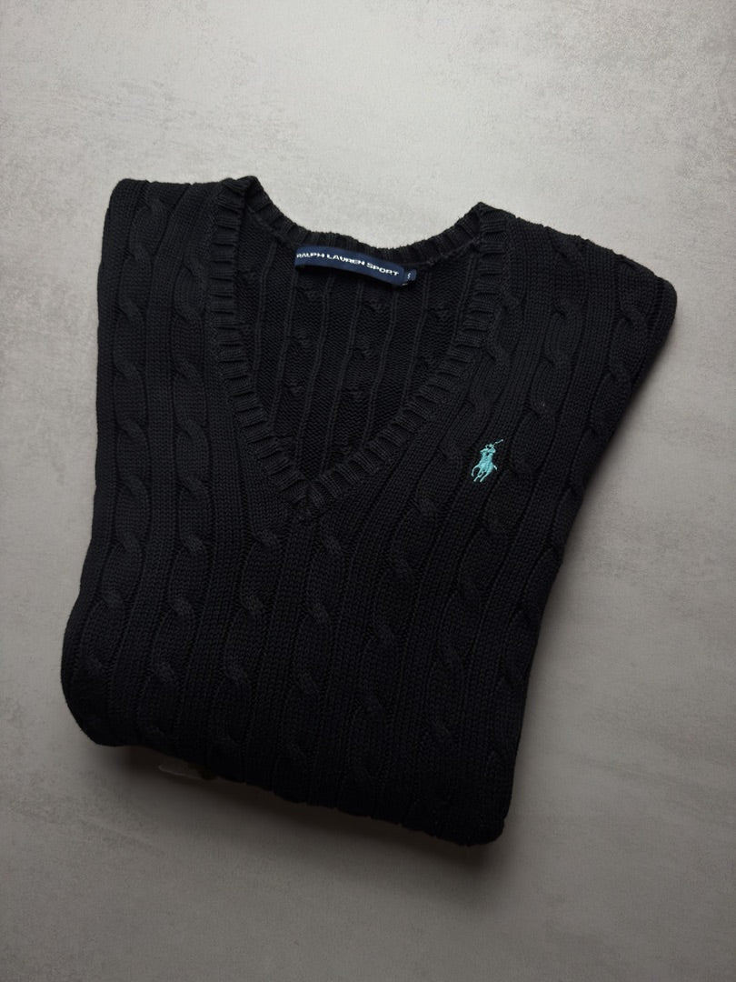 Pull noir femme S torsadé en maille cable knit Ralph Lauren Sport taille M W162